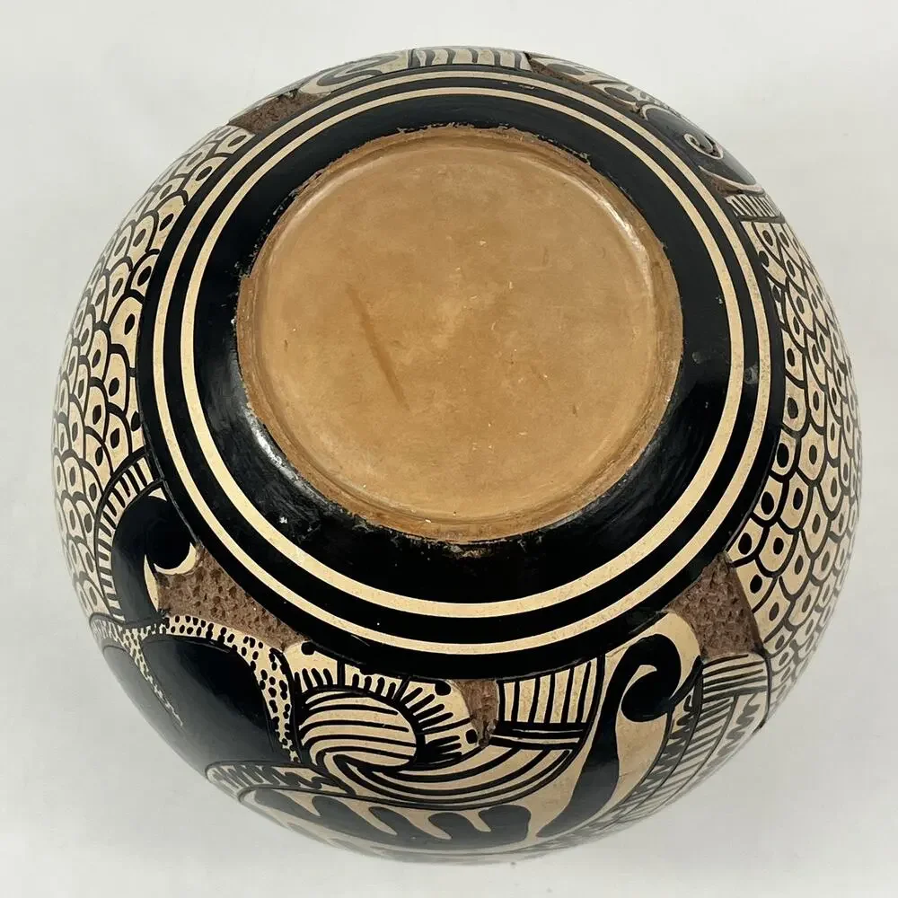 Vintage Sgraffito Pottery Lidded Jar Hand Carved Unique Handmade Black Tan Decor